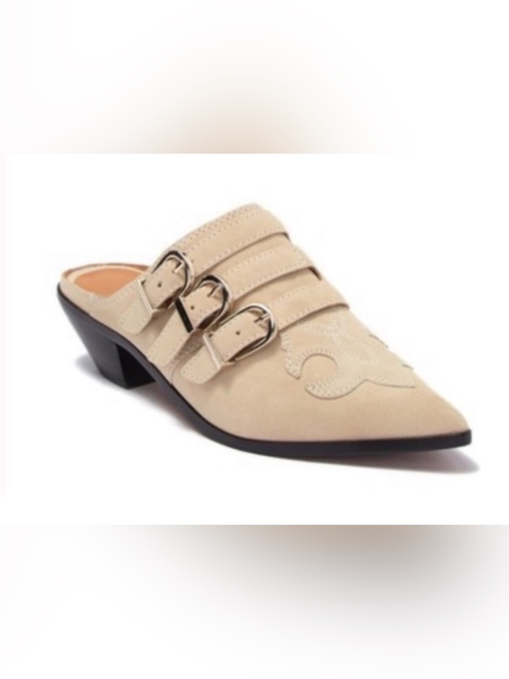 Joie Cabery Western Block Heel Mule Slide-On Cream Suede Shoes Buckle Accent New
